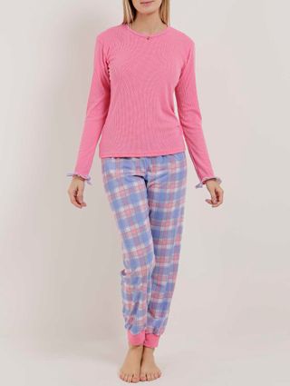 Pijama Longo Xadrez Feminino Rosa