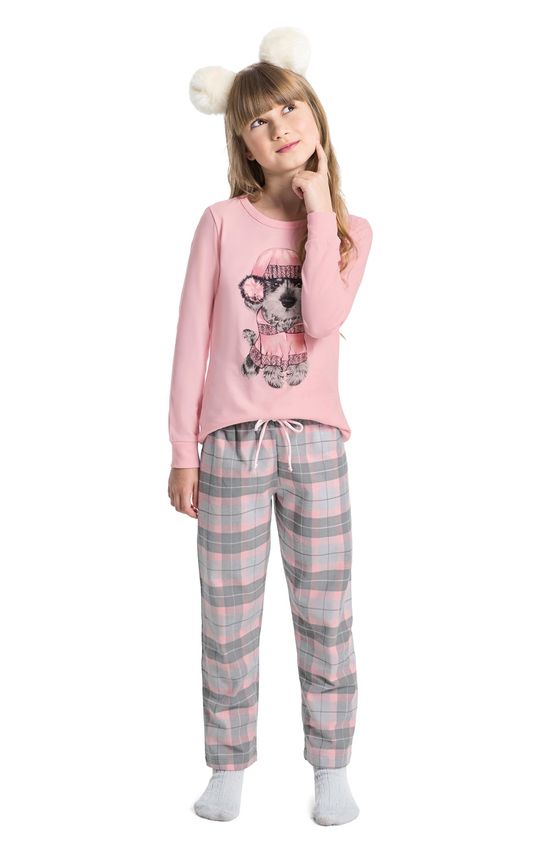 Pijama Longo Xadrez Menina Rosa Escuro - 1