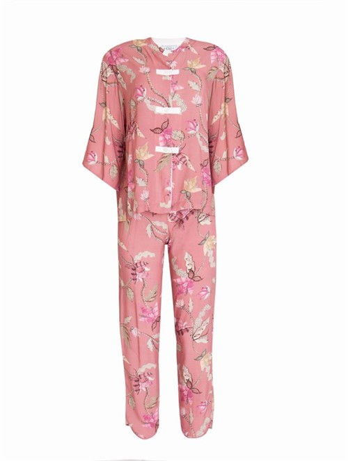 Pijama Manga Curta Oriental Floral Rosa Tamanho P