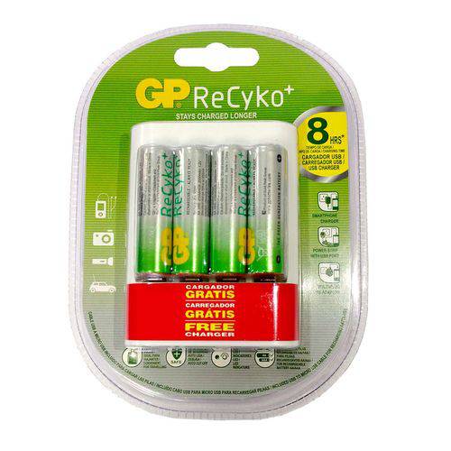 Pilha Recarregável ReCyko Aa 4pcs + Carregador Portátil USB U411 - GPRHOU411027 - Gp Batteries