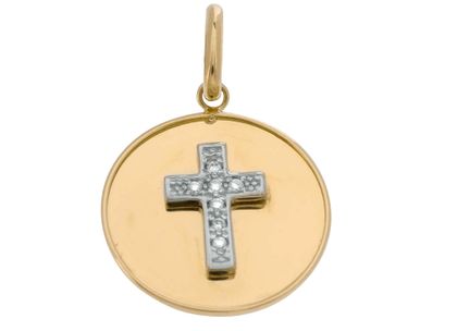 Pingente Medalha com Cruz com Diamantes Ouro Amarelo