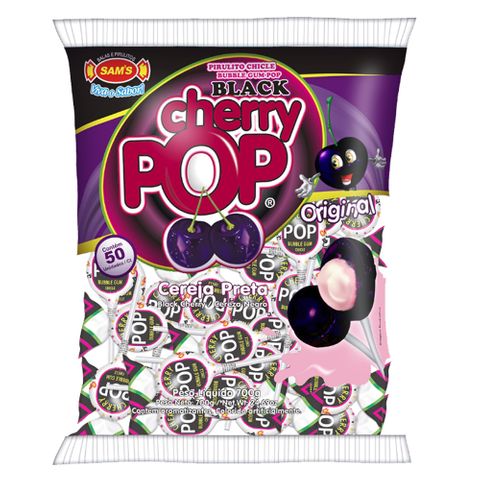Pirulito Cherry Pop Black Recheio Chiclete C/50 - Sams