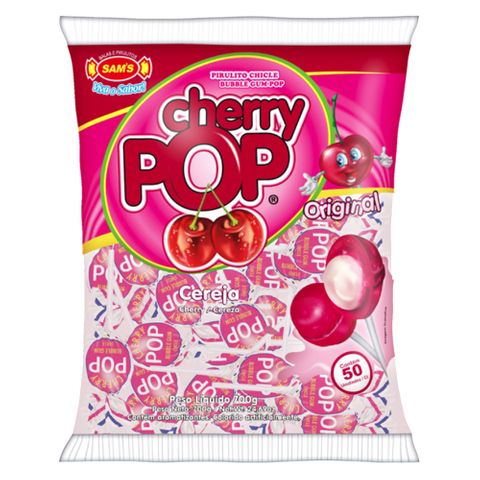Pirulito Cherry Pop Cereja Recheio Chiclete C/50 - Sams