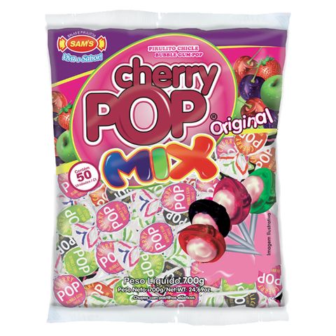 Pirulito Cherry Pop Mix Recheio Chiclete C/50 - Sams