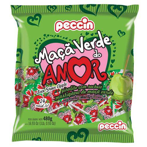 Pirulito Maçã Verde do Amor Recheado C/24 - Peccin