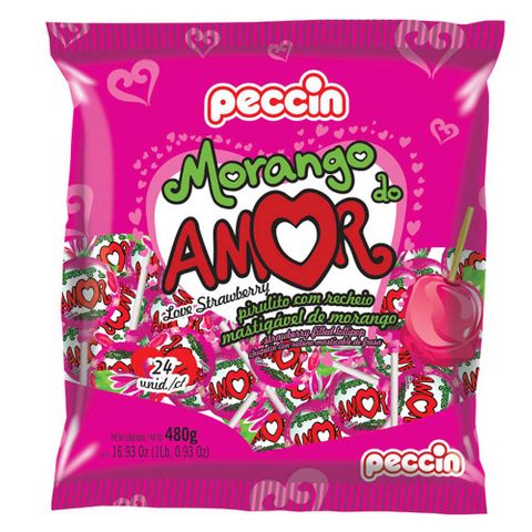 Pirulito Morango do Amor Recheado C/24 - Peccin