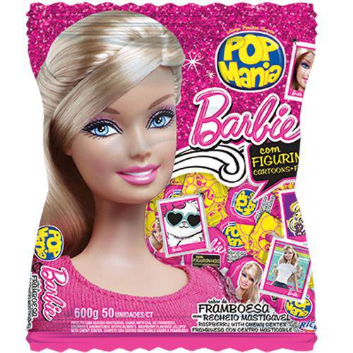 Pirulito Pop Mania Barbie Framboesa Recheio Mastigável C/50 - Riclan