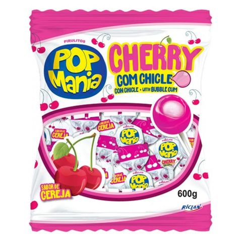 Pirulito Pop Mania Cherry Recheio Chiclete C/50 - Riclan