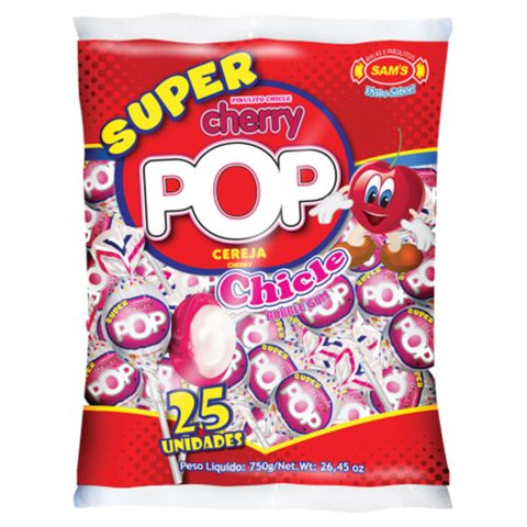 Pirulito Super Cherry Pop Cereja Recheio Chiclete C/25 - Sams