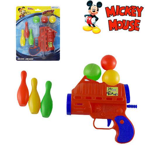 Pistola Lanca Bola com 3 Bolas 3 Pinos de Boliche Mickey na Cartela