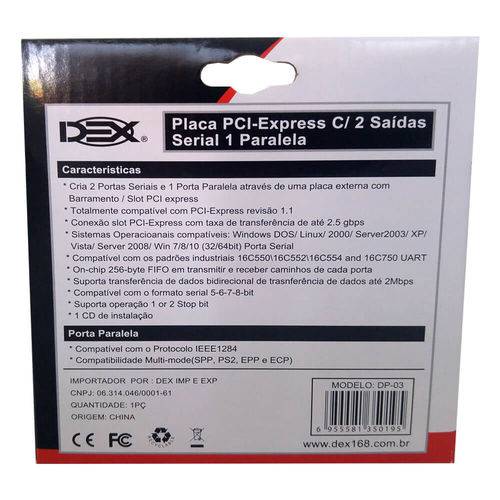 Placa Controladora Pci-e 1x C/ 2 Serial & 1 Paralela Box Empire Dp-03