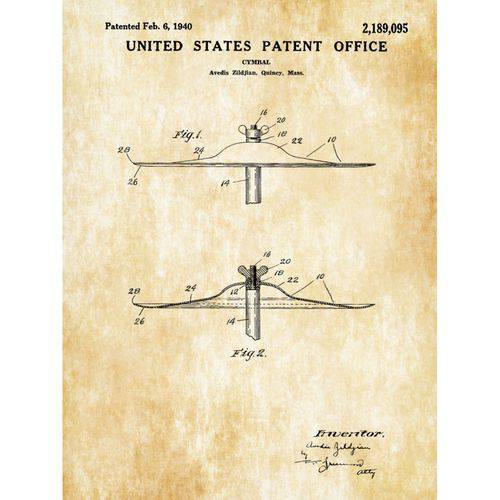 Placa Decorativa de Metal 30x40cm - Patente Zildjian Cymbal 1940