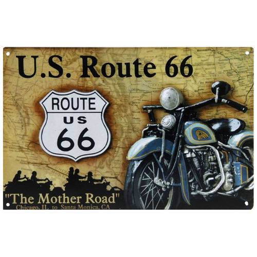 Placa Decorativa de Metal U.s. Route 66 30 X 20 Cm