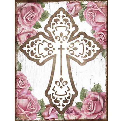 Placa Decorativa em Mdf Litoarte Dhpm5-097 22x16,8cm Crucifixo com Flores