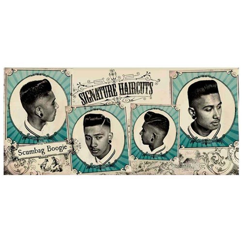 Placa Decorativa para Barbearias Hair Style Signature Haircuts: Scumbag Boogie