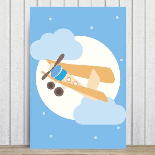 Placa Decorativa para Quarto Infantil Azul Avião e Lua 20x30