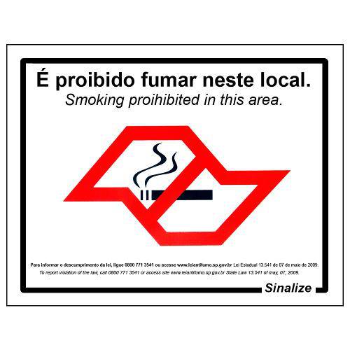 Placa Sinalizadora Auto-Adesiva de Vinil "Lei Anti-Fumo" 20x25cm Sinalize 480sp