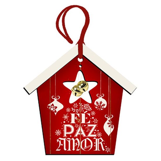 Placa TAG MDF Decorativa Natal Litoarte DHT5N-001 12,5x12,5cm Casa com Guizo