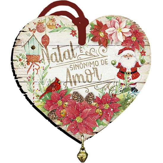 Placa TAG MDF Decorativa Natal Litoarte DHT5N-011 9x9,8cm Coração com Guizo