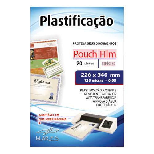 Plástico para Plastificação 0,05 (of) 226x340mm Pacote com 20 Unidades 125 Micras Mares