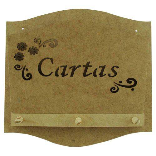 Porta Cartas e Chaves Vazado com 3 Pinos de Mdf Madeira Crua - Tamanho: 23 X 23 X 6 Cm