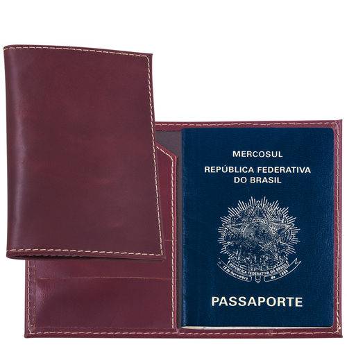 Porta Passaporte em Couro Legítimo Vinho com Porta Cartões