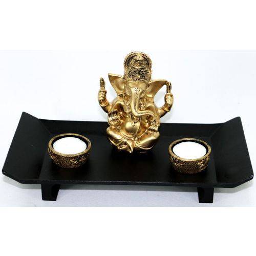 Porta Velas para 2 Velas Altar Aparador com Ganesha 16 Cm