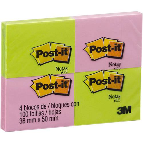 Post-It Neon Sortido 100 Folhas 4 Blocos 38x50mm - 3M