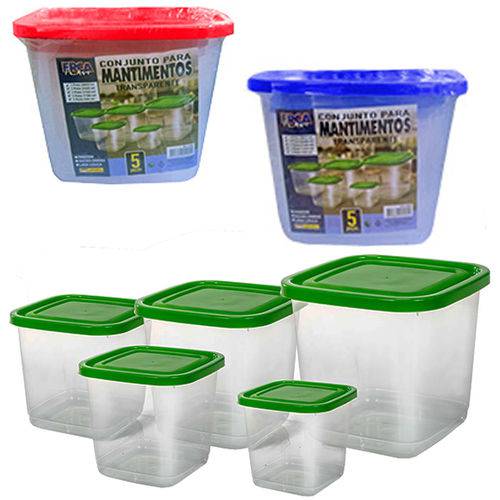 Pote de Plastico Quadrado Transparente para Mantimentos com Tampa Colors Kit com 5 Pecas