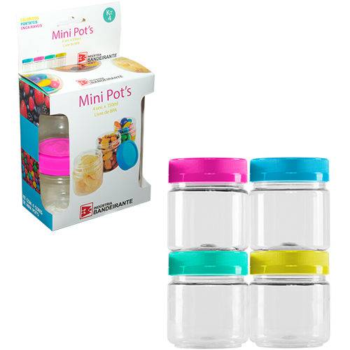 Pote de Plastico Redondo Transparente com Tampa Colors Kit com 4 Pecas 150ml na Caixa