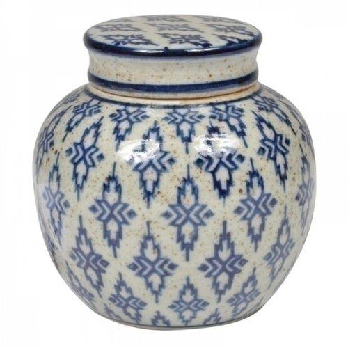 Pote Decorativo de Cerâmica com Tampa - Branco e Azul 10cm