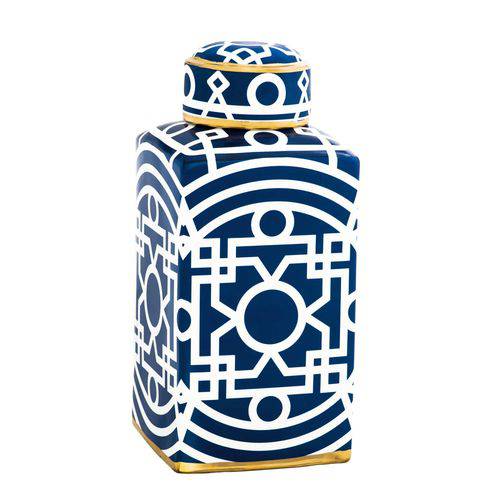 Potiche Decorativo em Cerâmica Marroquino 41cmx18cmx18cm Mart Collection Azul e Branco