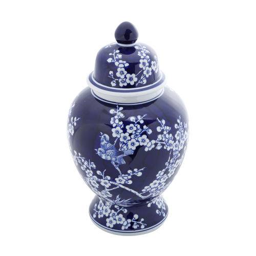 Potiche Ornamental de Porcelana C/ Tampa Azul e Branco