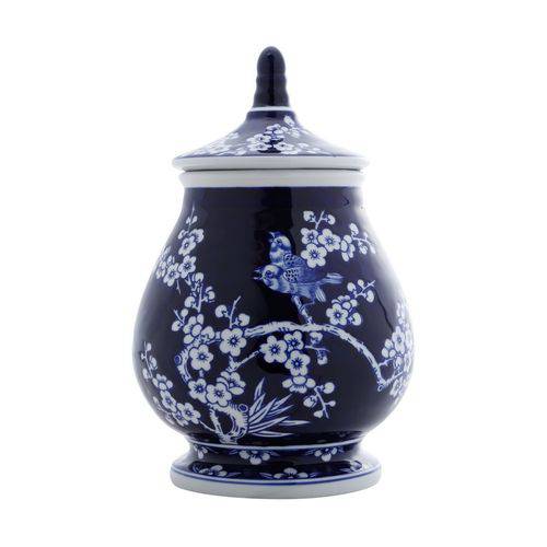 Potiche Ornamental de Porcelana com Tampa Azul e Branco Bird Flower 20x20x31cm