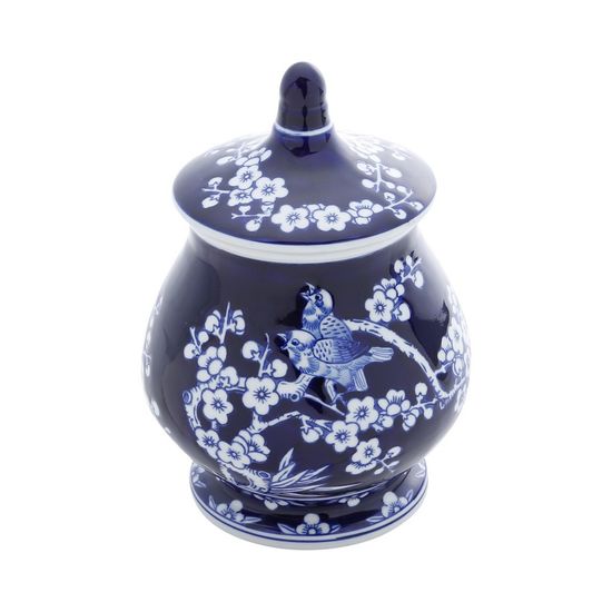 Potiche Ornamental de Porcelana com Tampa Azul e Branco Bird Flower16,5X16,5X24cm