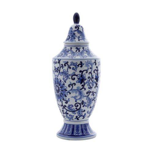 Potiche Ornamental de Porcelana com Tampa Azul e Branco Persa 14X14X36cm