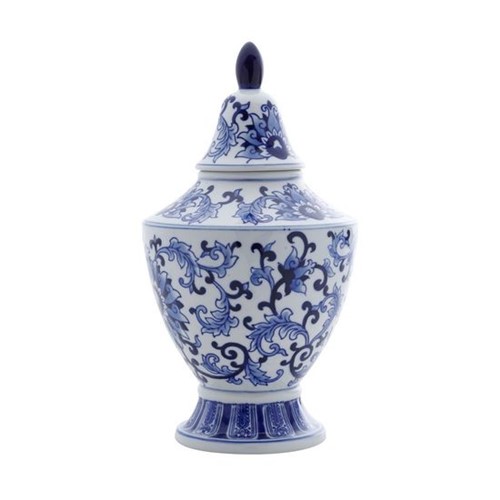 Potiche Ornamental de Porcelana com Tampa Azul e Branco Persa 15,5X15,5X28,5cm
