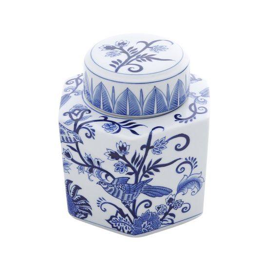 Potiche Ornamental de Porcelana com Tampa Azul e Branco Ramos 16X14,5X16,5cm