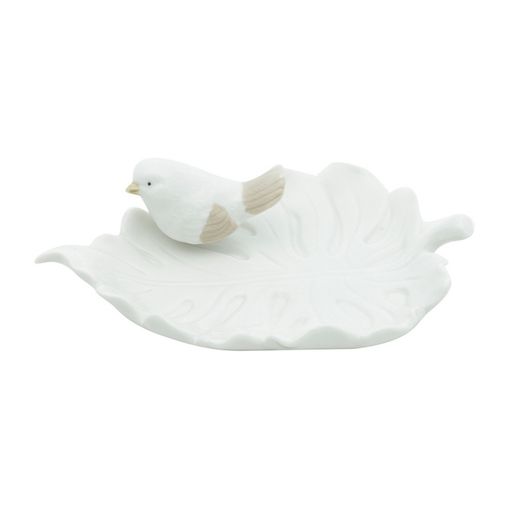 Prato Decorativo de Cerâmica Branco Leaf And Bird Urban