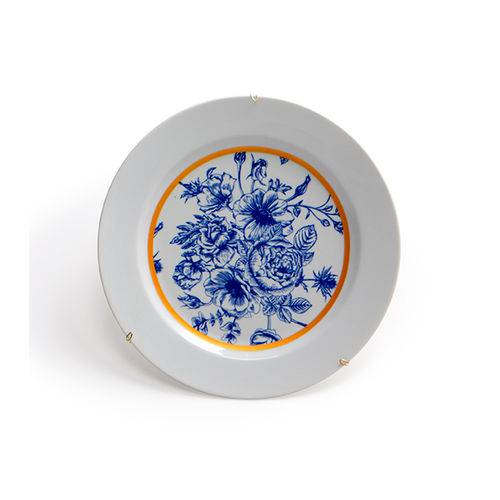 Prato Decorativo de Parede Porcelana Floral Azul com Suporte