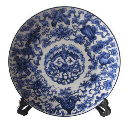 Prato Decorativo em Porcelana Oriental Azul e Branco