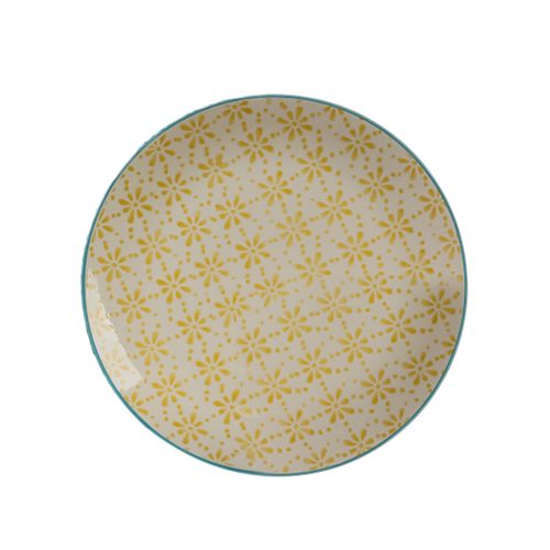 Prato para Sobremesa em Cerâmica Amarelo e Azul 21,cm Florals Kenya