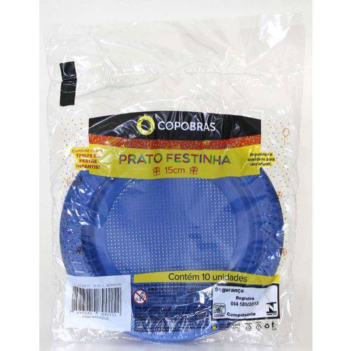 Prato Plástico Descartavel Festinha Azul 15cm.diamet.raso Copobras Pacote com 10