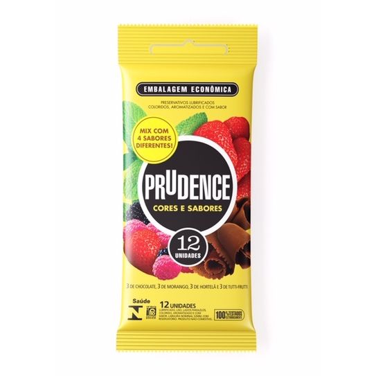 Preservativo Prudence Cores e Sabores Chocolate Morango Hortelá e Tutti-Frutti com 12 Unidades