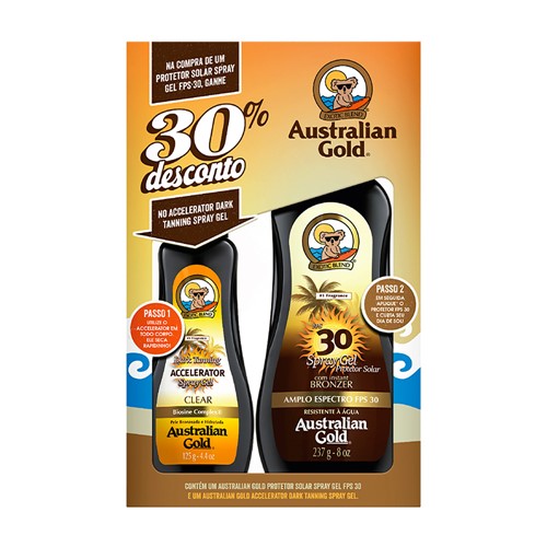 Protetor Solar Australian Gold FPS 30 Spray Gel 237ml + Ganhe 30% Desconto no Bronzeador Australian Gold Accelerator Clear Spray Gel 125g