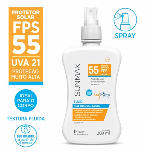 Protetor Solar Sunmax Fluid Pele Oleosa e Mista FPS 55 Spray com 200ml
