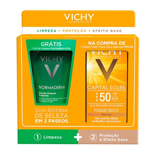 Protetor Solar Vichy Capital Soleil Toque Seco com Cor FPS 50 Gel Creme 50g + Grátis Normaderm Gel de Limpeza 60g