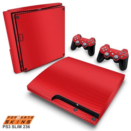 PS3 Slim Skin - Fibra de Carbono Vermelho Adesivo Brilhoso