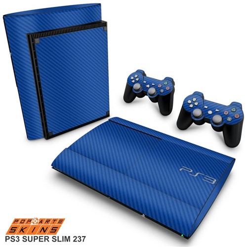 PS3 Super Slim Skin - Fibra de Carbono Azul Adesivo Brilhoso