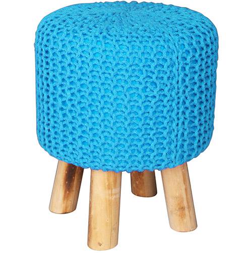 Puff Redondo Crochet Madeira/Espuma com Pés Azul - Urban